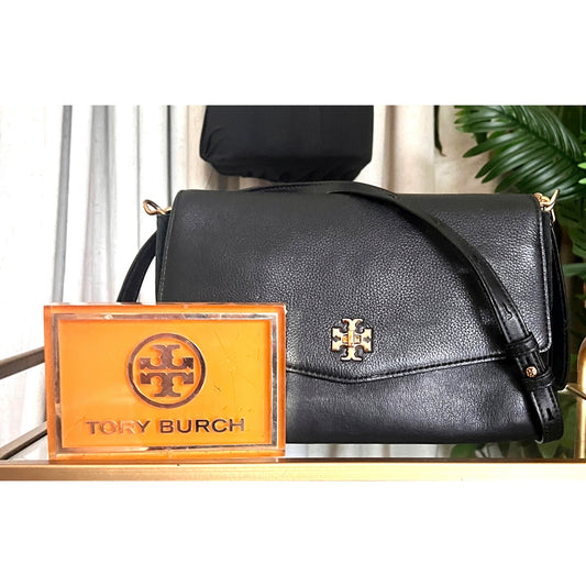 Tory Burch Black Leather and Suede Kira Handbag With Gold Logo Accents & Adjustable Strap