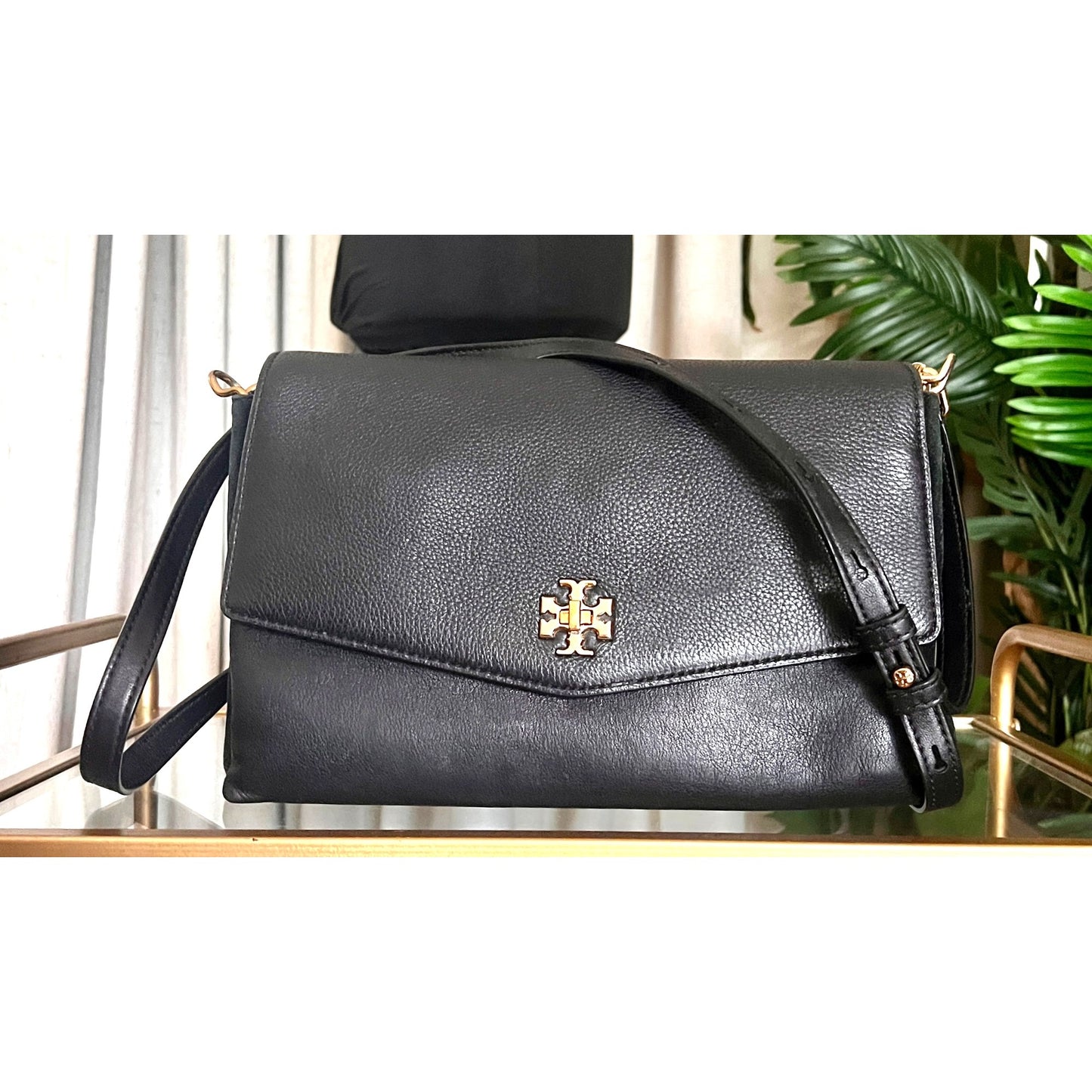 Tory Burch Black Leather and Suede Kira Handbag With Gold Logo Accents & Adjustable Strap