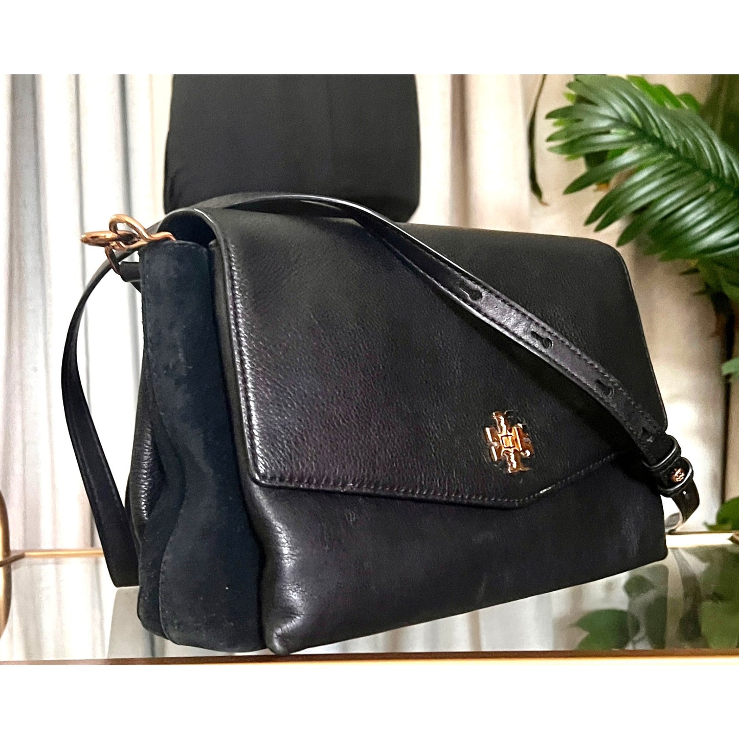 Tory Burch Black Leather and Suede Kira Handbag With Gold Logo Accents & Adjustable Strap