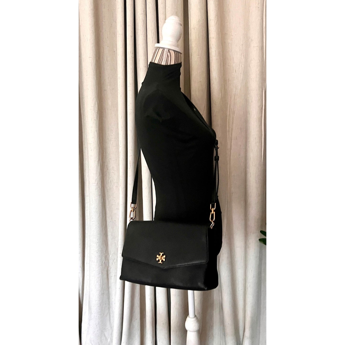 Tory Burch Black Leather and Suede Kira Handbag With Gold Logo Accents & Adjustable Strap