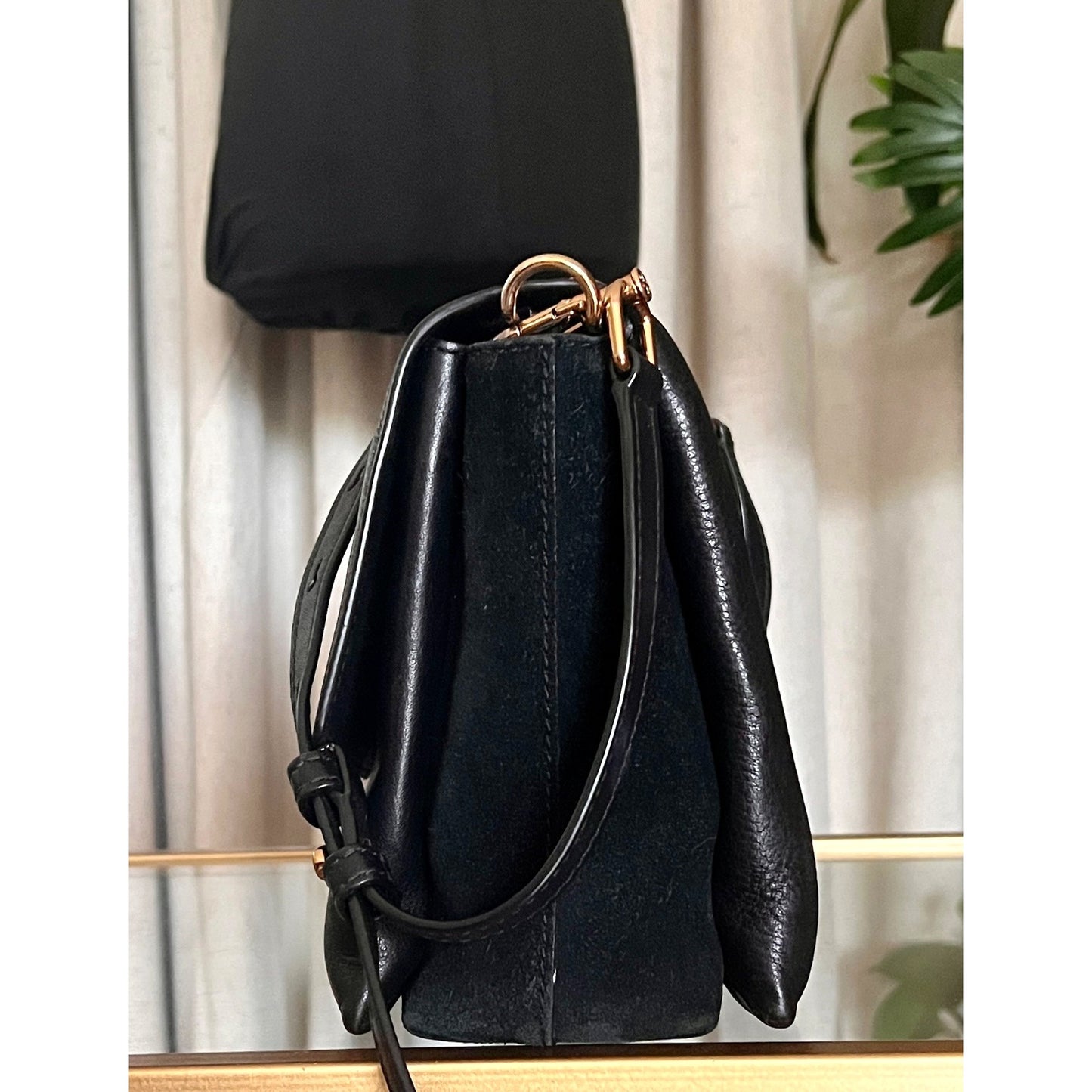 Tory Burch Black Leather and Suede Kira Handbag With Gold Logo Accents & Adjustable Strap