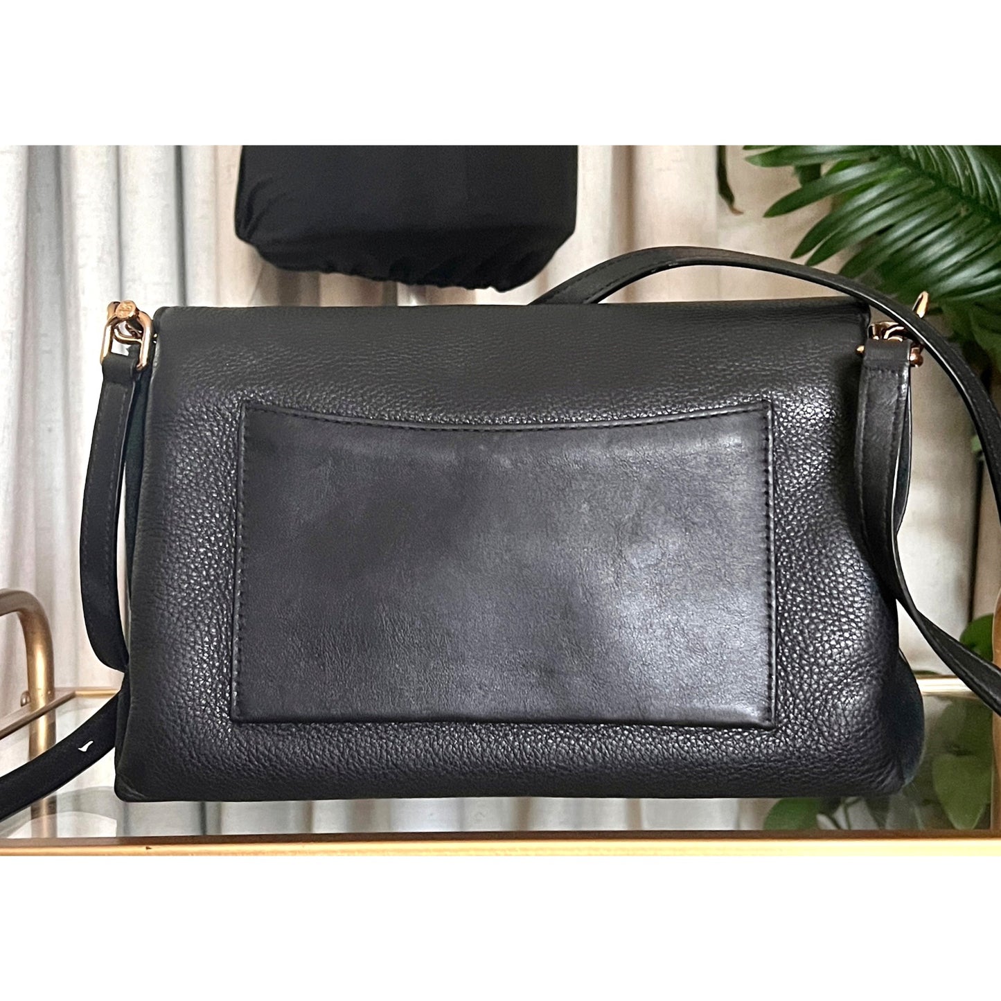 Tory Burch Black Leather and Suede Kira Handbag With Gold Logo Accents & Adjustable Strap