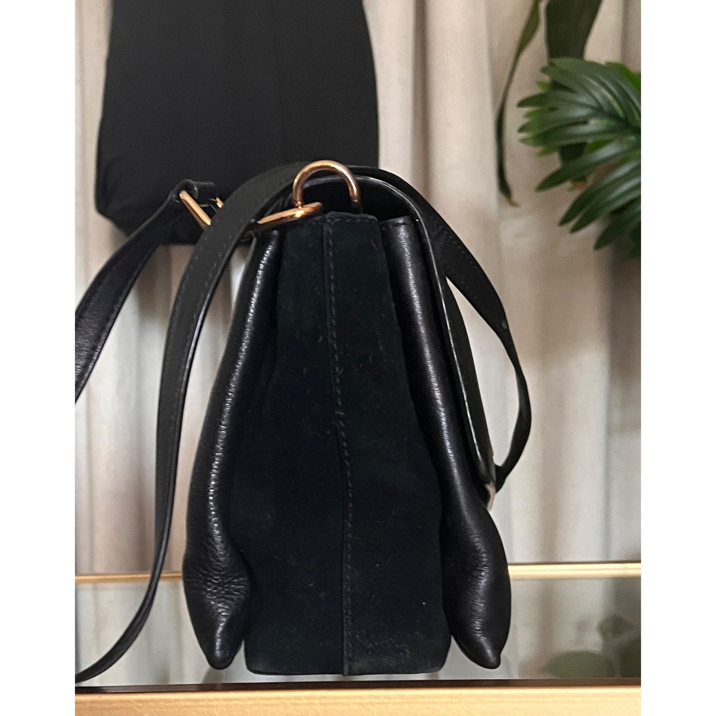 Tory Burch Black Leather and Suede Kira Handbag With Gold Logo Accents & Adjustable Strap