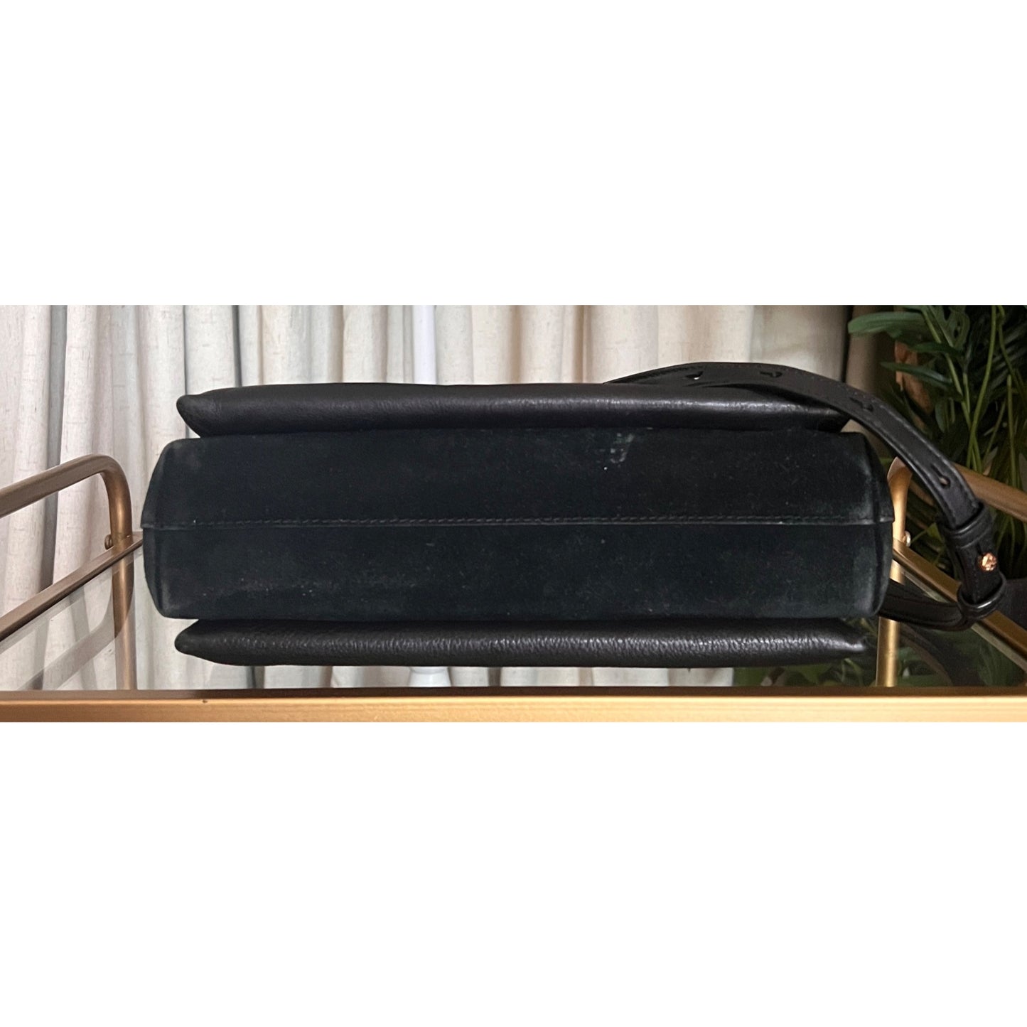 Tory Burch Black Leather and Suede Kira Handbag With Gold Logo Accents & Adjustable Strap