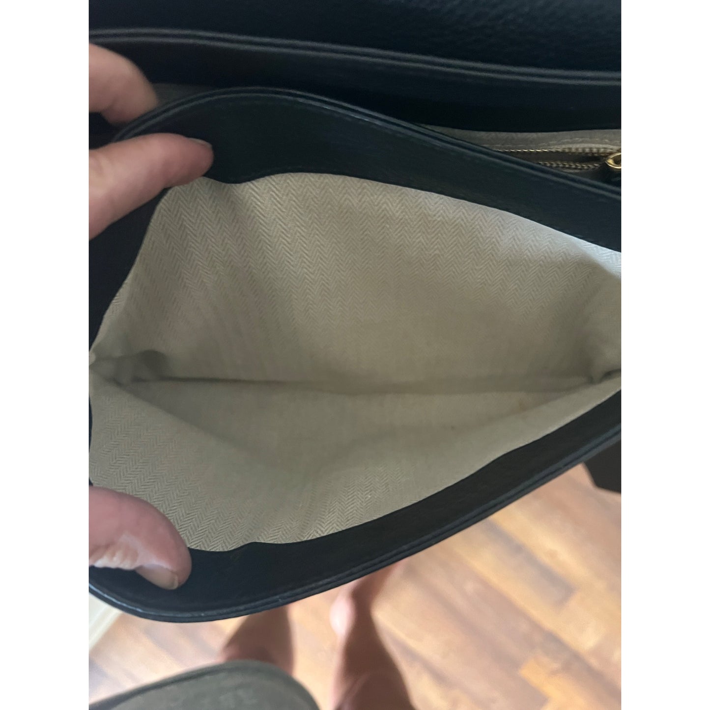 Tory Burch Black Leather and Suede Kira Handbag With Gold Logo Accents & Adjustable Strap