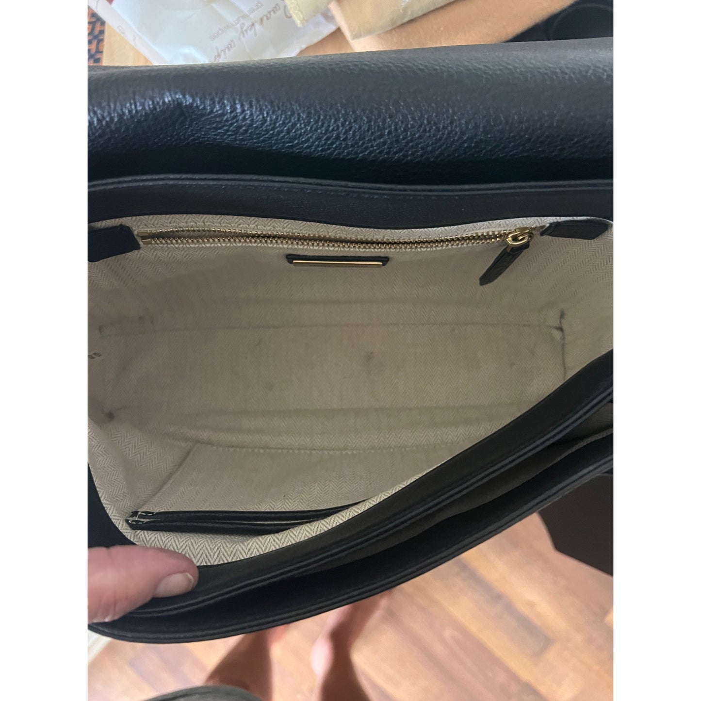 Tory Burch Black Leather and Suede Kira Handbag With Gold Logo Accents & Adjustable Strap