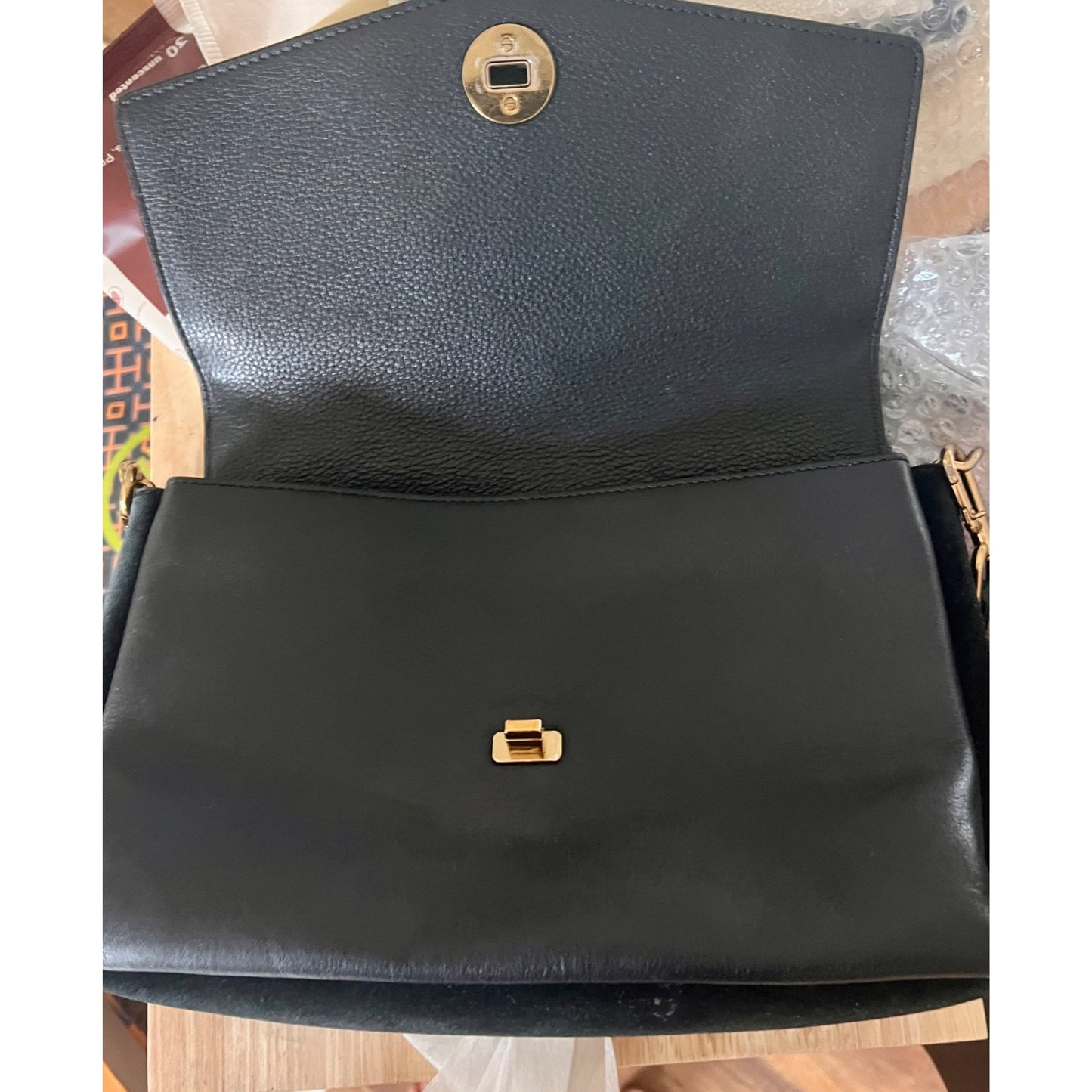 Tory Burch Black Leather and Suede Kira Handbag With Gold Logo Accents & Adjustable Strap